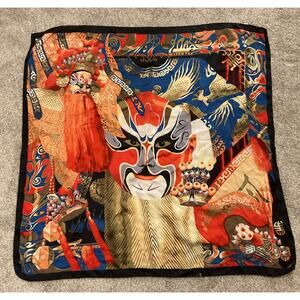 Chinese Opera Mask 100% Silk Samurai Hand Rolled Hem Square Scarf